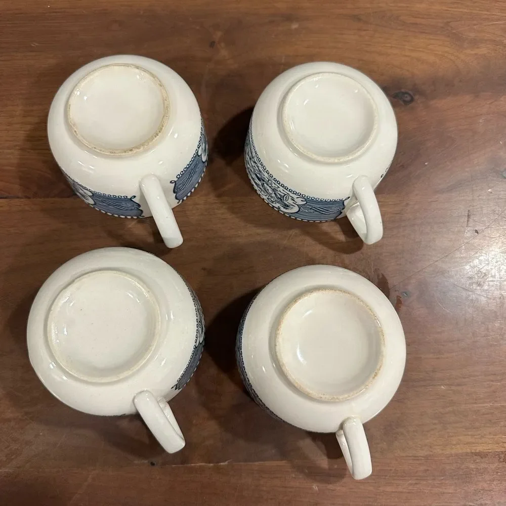 Set Of 4 Currier & Ives Coffee Cups Horse Buggy Cups Cup Mug Blue Royal China